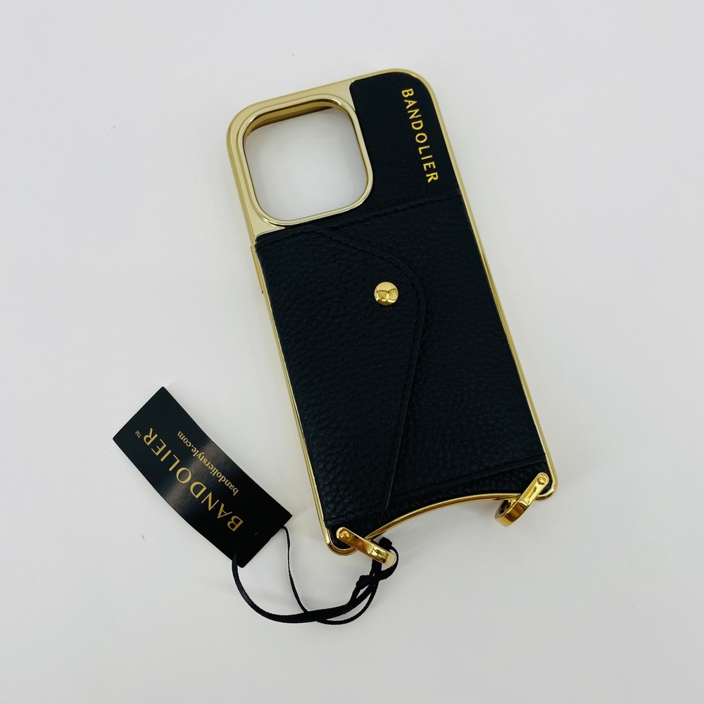 Bandolier Phone Case iPhone 14 Pro Black Gold Leather Crossbody Wallet Snap Slot